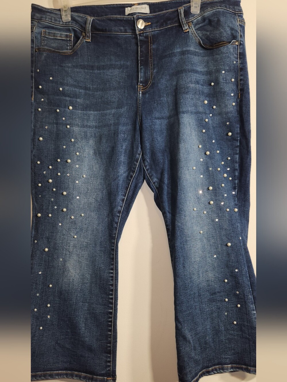 Rhinestone & Pearl-Embellished Lane Bryant Jeans. Mid-Rise. 20. Cute. Comfy.